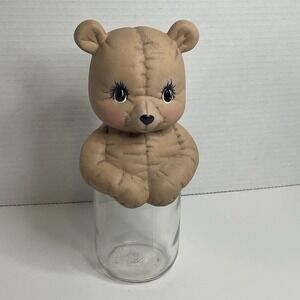 Teddy Bear Glass Jar Topper Tan Bear Head Lid Easter Candy Vintage Trinkets